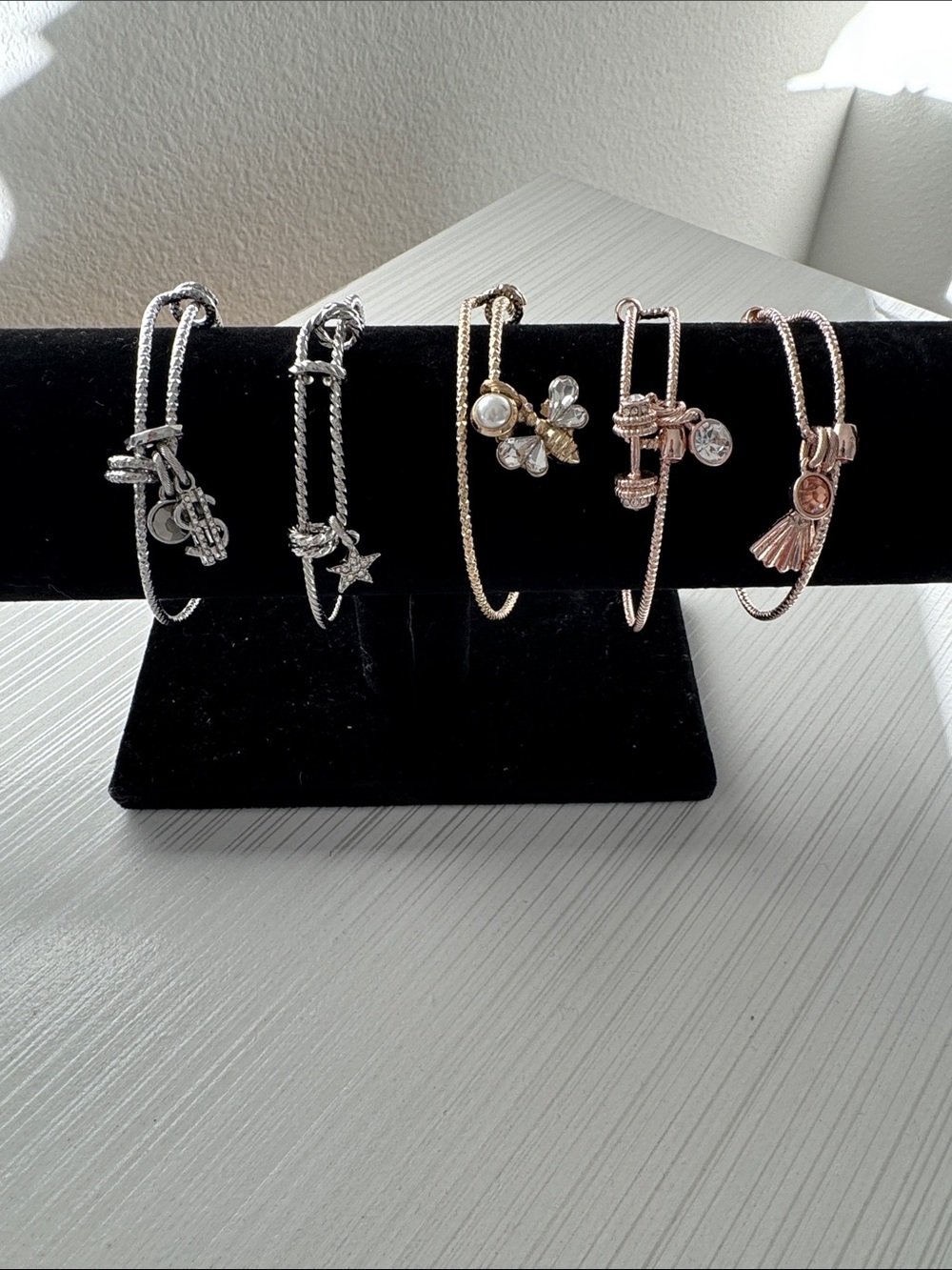 Stackable Charm Bangle Bracelets in Silver, Gold & Rose Gold